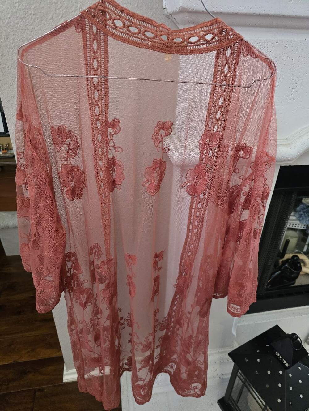 Wishful Park Sheer Embroidered Duster in Brick Color Tone. Size XL
